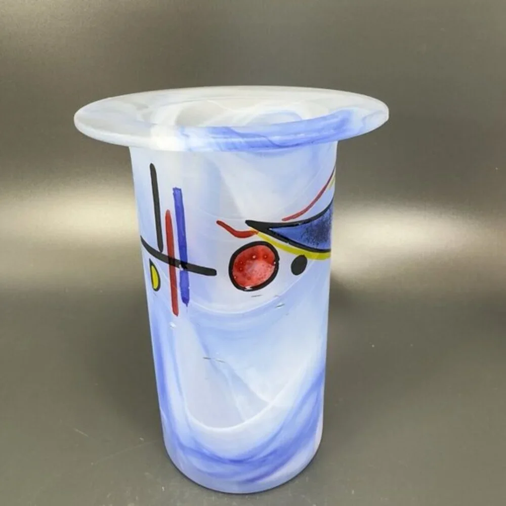 Hand Made German Art Glass Vase Vessel‎ Hand Painted Decorated Swirl Slag Glass